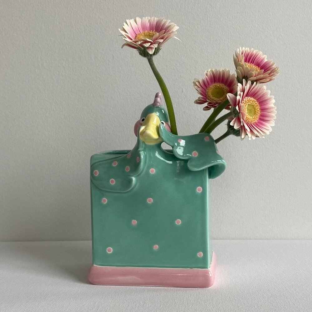 Fitz and Floyd Fantasy Fair 1985 Dora Duck Green W/Pink Dots Pen Holder - Vase